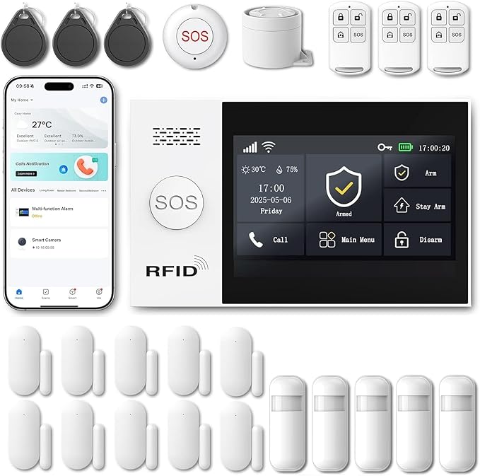 WiFi Wireless Alarm System for Home Security - 24/7 Protection Smart Home Devices 4.3" Touch Screen, GSM/4G+WiFi, App Instant Alerts, No Monthly Fee, Alexa Compatible for Villa, Kids Safety(24Pcs)