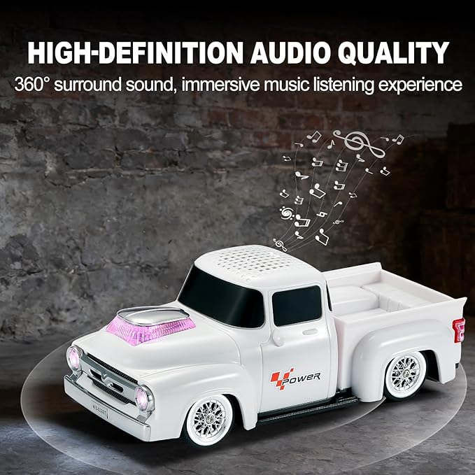 Vintage Pickup Truck Bluetooth Speaker, Retro Truck Model with HD Sound, Built-in Mic, LED Party Lights, TWS Dual Pairing, Multi-Interface Output, Portable Outdoor Speaker for Parties & Beach (WHITE)
