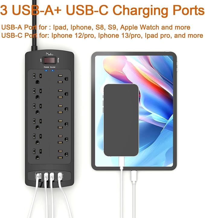 Surge Protector Power Strip, Nuetsa 12 Outlets and 4 USB Ports, 6 Feet - Image 3
