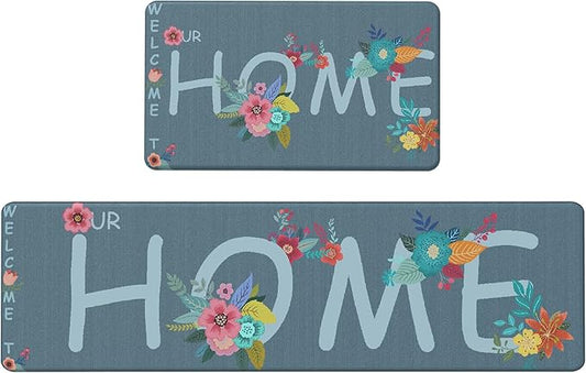 GENIMO Anti Fatigue Kitchen Mats for Floor, Non Slip Washable Home Theme Rugs Sets of 2, Farmhouse Cushioned Waterproof Comfort Runner Rug for Kitchen, Sink, Desk, Laundry, 17"x 59"+17"x 30", Blue