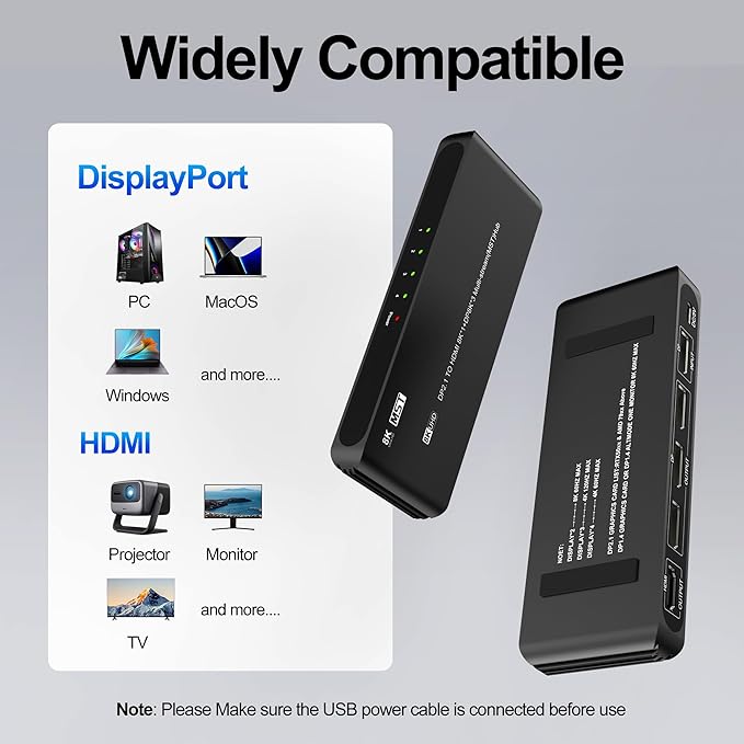 DisplayPort Splitter for 4 Monitors, Three DP with HDMI Adapter 8K@60Hz Extended Display 1 in 4 Out DisplayPort MST Hub for Multiple Monitor, Compatible with Computer, Graphic Card, PC