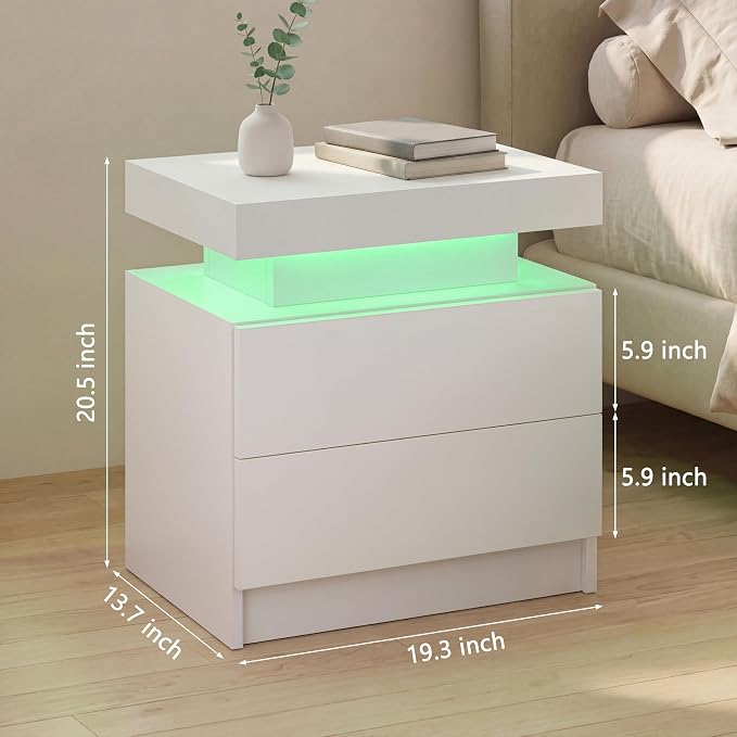 LED Nightstand with Wood 2 Drawers Modern Bedside Table - Image 2