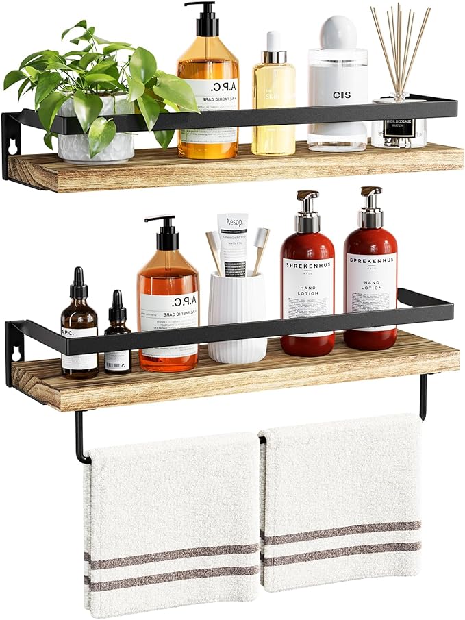 Amada Bathroom Shelves with Towel Bar, Light Brown | Floating Shelves with by AMADAHOMEFURNISHING
