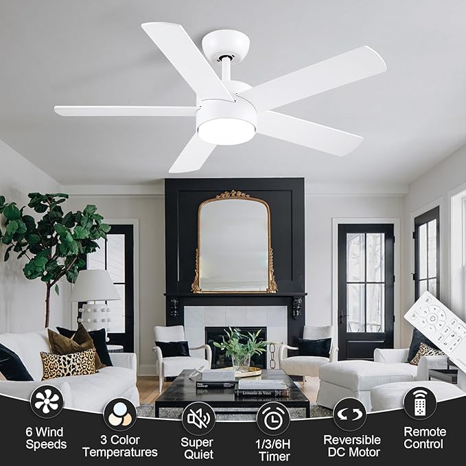 POCHFAN 42 inch White Ceiling Fans with Lights and Remote, LED Dimmable 3 CCT Temperatures 6-Speed, Noiseless Modern Ceiling Fan for Bedroom, Living Room, Dining Room, ETL Listed