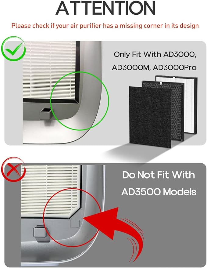 Elnuliros Premium Replacement Filter Compatible with AD3000 Air Cleaner Purifier, Not for AD3500 Version, Include 1 Premium Filter + 2 Carbon Filters + 4 Pre-filters, Part # ADF3001, ADF3002