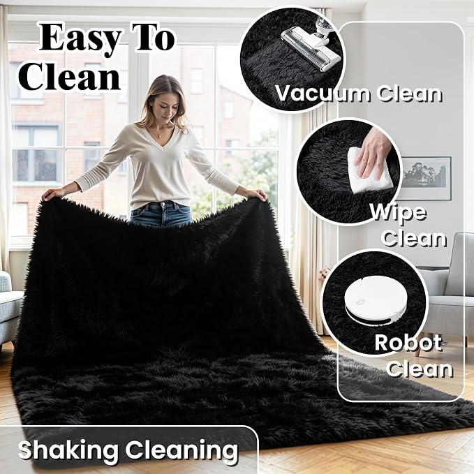 5x7 Fluffy Area Rug for Living Room: Soft Non-Slip Black Bedroom Carpet | Ultra - Image 6