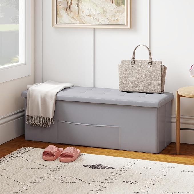 Giantex 43 Inches Folding Storage Ottoman Bench, Upholstered PU Leather Storage - Image 2