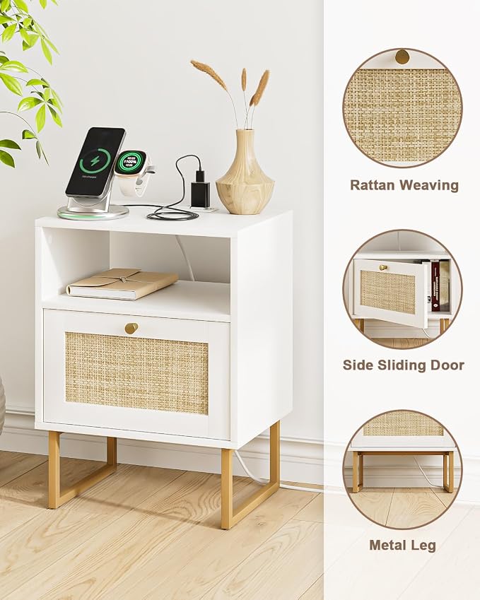 Masupu Rattan Nightstand with Charging Station, Modern Boho Farmhouse Wood - Image 7
