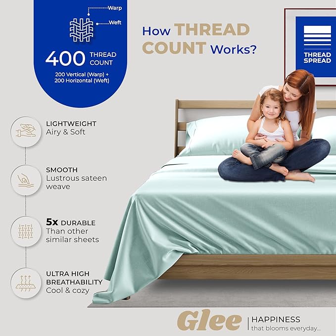 THREAD SPREAD California King Sheet Sets Cotton - 400 Thread Count 100% Cotton Cal King Sheets Set, 4 PC (Sea Foam), Luxury Soft, Cooling, Breathable 16" Deep Pocket Sateen Weave Hotel Bedsheets