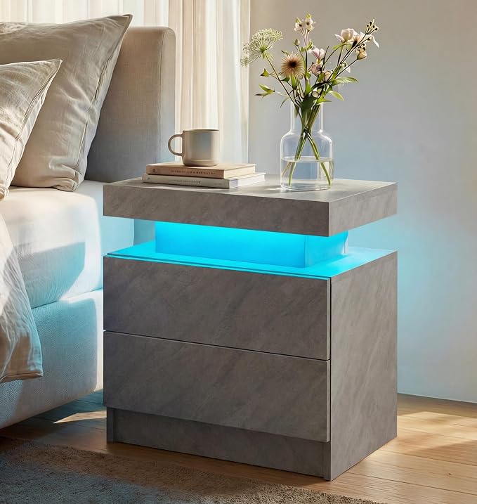 LED Nightstand with Wood 2 Drawers Modern Bedside Table by Unknown