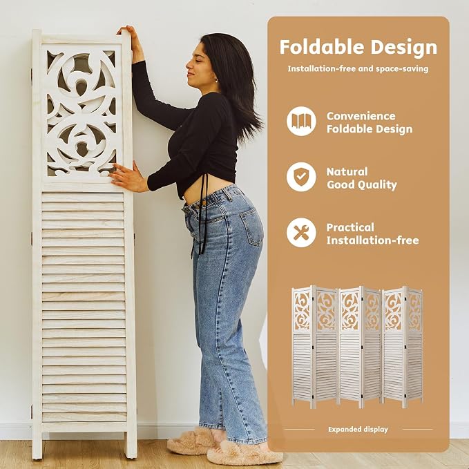 Svimi Folding Room Divider, 5.6Ft 6 Panels Wood Carved Privacy Screens - Image 3
