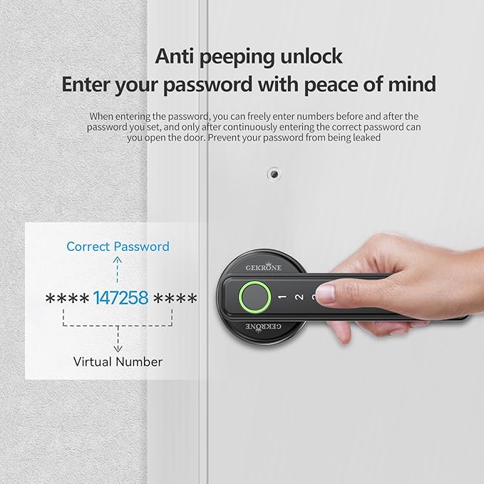 GEKRONE Fingerprint Smart Lever Lock TUYA APP Control Keyless Entry Bluetooth Touchscreen Indoor Handle Biometric Electronic Digital Door Knob with Keypad Suitable for Hotel Office Apartment Bedroom