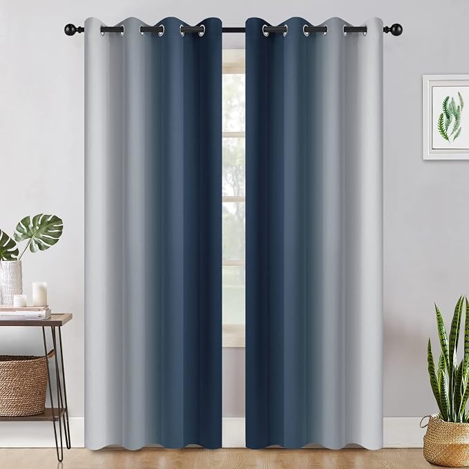 COSVIYA Grommet Room Darkening Ombre Navy Blue Curtains W52xL84 inch | Navy and - Image 2