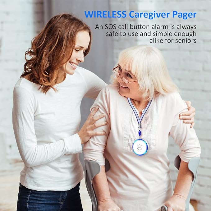 Caregiver Pager, Wireless Call Button for Seniors/Elderly at Home, 2 SOS Button + 2 Receiver Medical Life Alert System, Emergency Panic Call Bell, Help Alarm for Nurse Calling & Patient Assistance