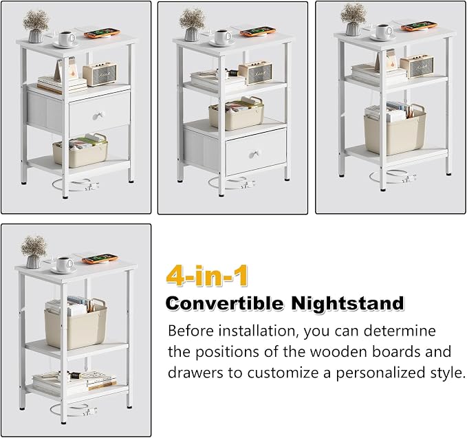 Side Table with Charging Station, Nightstand with Adjustable Fabric Drawer - Image 3