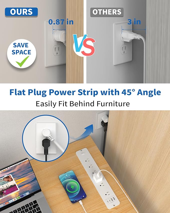 Inhwatek Recessed Power Strip, Surge Protector with USB Ports, Flush Mount Power Strip, 6Ft Flat Plug Extension Cord for Home Office Desk Kitchen Behind Furniture