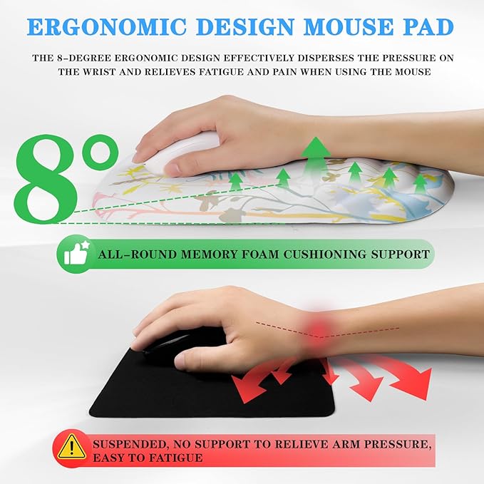 Mouse Pad Wrist Wrist Rest, Comfortable Memory Foam Wrist Rest, Non-Slip PU Base, Ergonomic Wrist Support and Arm Rests for Gaming, Office, Computer Use, Relieve Typing Pain (Fresh Leaves)