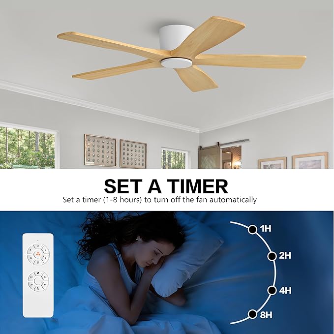 WINGBO 48" Flush Mount DC Ceiling Fans Without Lights, 5 Carved Solid Wood Blades, 6-Speed Reversible DC Motor, Low Profile Hugger Ceiling Fan No Lights for Living Room Bedroom Patio, White and Oak
