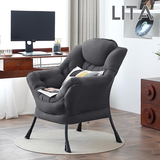 Lazy Chair with Ottoman, Comfy Accent Reading Chair, Dark Grey | Foldable - Image 7