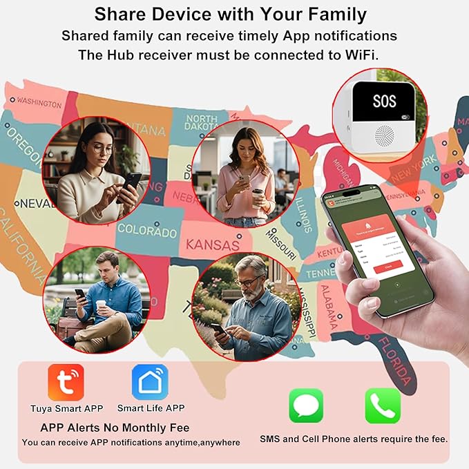PerfeSafe Life Alert Systems for Seniors No Monthly Fee, Wi-Fi APP Control Wireless Caregiver Pager for Elderly at Home, Medical Alert Systems for Patients with 1 Receiver 2 Call Button 2 Watch Button