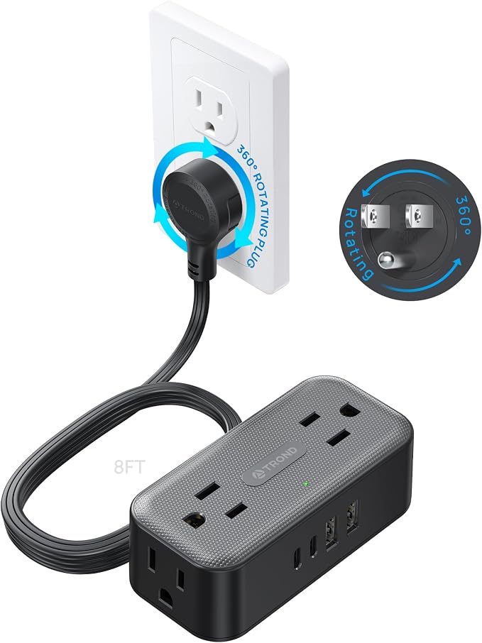 TROND 360° Rotating Flat Plug Power Strip 8ft, 4 Widely AC Outlets, Wall Mount by TRONDOfficial