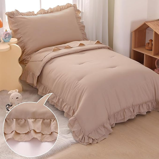 Wowelife 4 Pieces Toddler Bedding Sets for Girls Boys Beige Toddler Bed Set Double Ruffles Boho Bohemian Jacquard Kids Bed in a Bag Includes Comforter, Fitted Sheet, Top Sheet and Pillowcase
