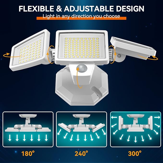 PURICH LED Security Lights Motion Sensor Outdoor Lights, 5000K Daylight, IP65 Waterproof, Dusk to Dawn, 3-Head Motion Detected Flood Light for Garage, Yard, Porch, White