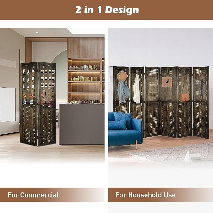6 Panel Pegboard Room Divider | Brown Wood Folding Privacy Screen - Image 7