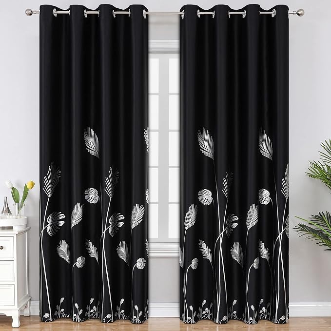 Black Blackout Curtains 108 Inches Length Silver Palm Pattern Window Curtain by ESTELARTEXTILER