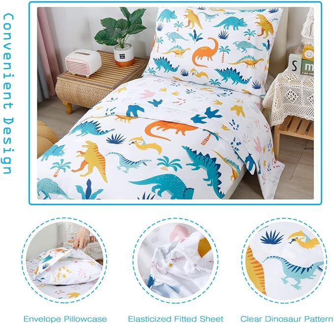 PERFEMET 4 Pieces Toddler Bedding Set Cartoon Dinosaur Print Comforter Sheet Set for Boys Microfiber Soft Toddler Comforter Set Includes Comforter, Flat Sheet, Fitted Sheet and Pillowcase, Colorful
