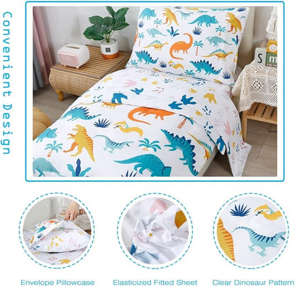 PERFEMET 4 Pieces Toddler Bedding Set Cartoon Dinosaur Print Comforter Sheet Set for Boys Microfiber Soft Toddler Comforter Set Includes Comforter, Flat Sheet, Fitted Sheet and Pillowcase, Colorful