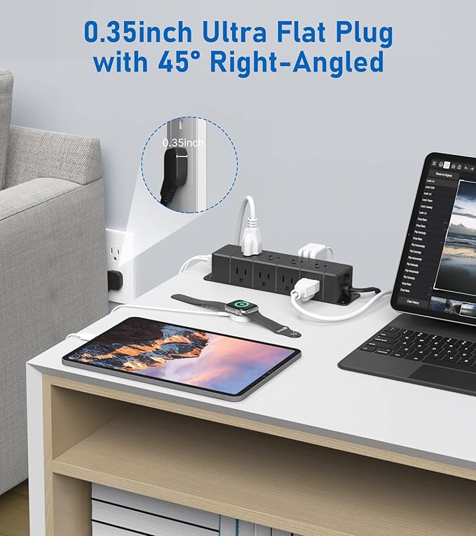 30W USB C Power Strip Surge Protector,Ultra Thin Flat Plug Power Strip 4 Side 12 Outlets,1 PD Fast Charing,2 USB-C, 2 USB-A(4 USB Total 40W),6ft Slim Extension Cord,16 in 1 Desk Power Bar,1200J Black