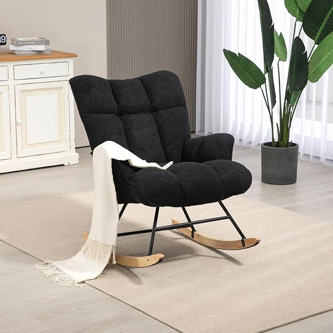 Rocking Chair Nursery Teddy Upholstered Glider Rocker Rocking Accent Chair Padded Seat with High Backrest Armchair Comfy Side Chair for Living Room Bedroom Offices (Black Teddy)