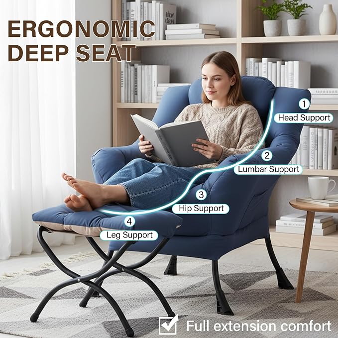 Welnow Lazy Chair with Ottoman, Reading Chair with Footrest, Royal Blue | A - Image 4