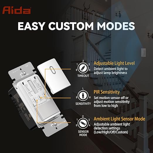 AIDA Single Pole Motion Sensor Light Switch w/Neutral Wire - 120° PIR Infrared Activation - CFL/LED/MLV/INC/HAL/Fan Compatible - UL Certified - 10 Pack,Matte White
