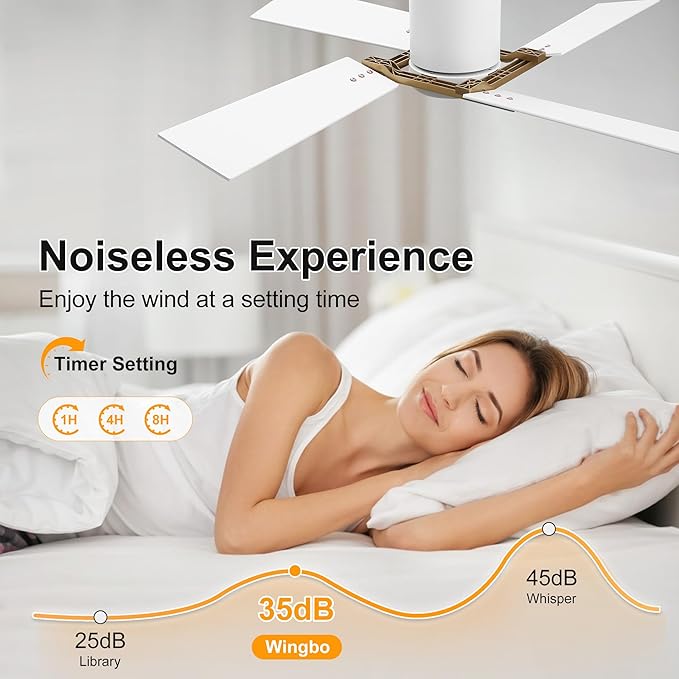 WINGBO 48 Inch Flush Mount Ceiling Fan without Light - 4 Plywood Blades, 6-Speed Reversible DC Motor, Noiseless Low Profile Ceiling Fan No Light for Bedroom Living Room, Gold and White