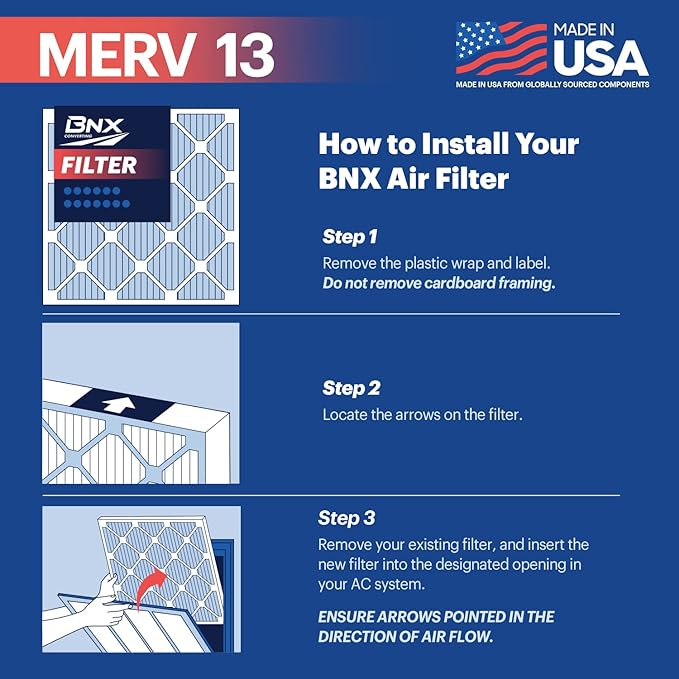 BNX TruFilter 14x20x1 Air Filter MERV 13 (4-Pack) - MADE IN USA - Electrostatic Pleated Air Conditioner HVAC AC Furnace Filters for Allergies, Pollen, Mold, Bacteria, Smoke, Allergen, MPR 1900 FPR 10