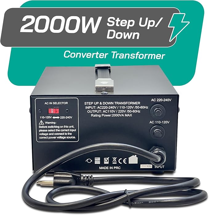 LiteFuze 2000 Watt Voltage Converter Transformer Step Up/Down - 110v to 220v / 220v to 110v Power Converter - Fully USA Grounded Cord - Universal Outlet Socket, 2x US Outlets - CE Certified