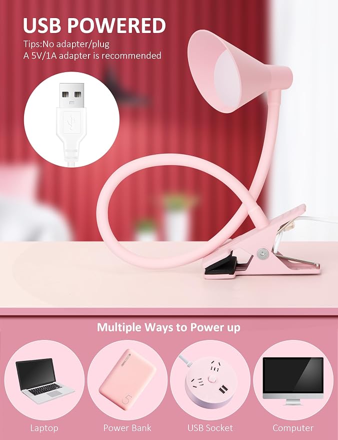 LiFMIRA Pink Small Desk Lamp Clip on LED Reading Light - Image 7