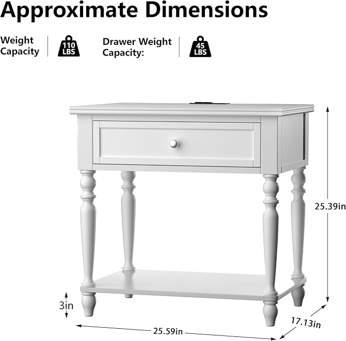 Solid Wood Nightstand with Charging Station, Traditional End Table with Drawers - Image 2