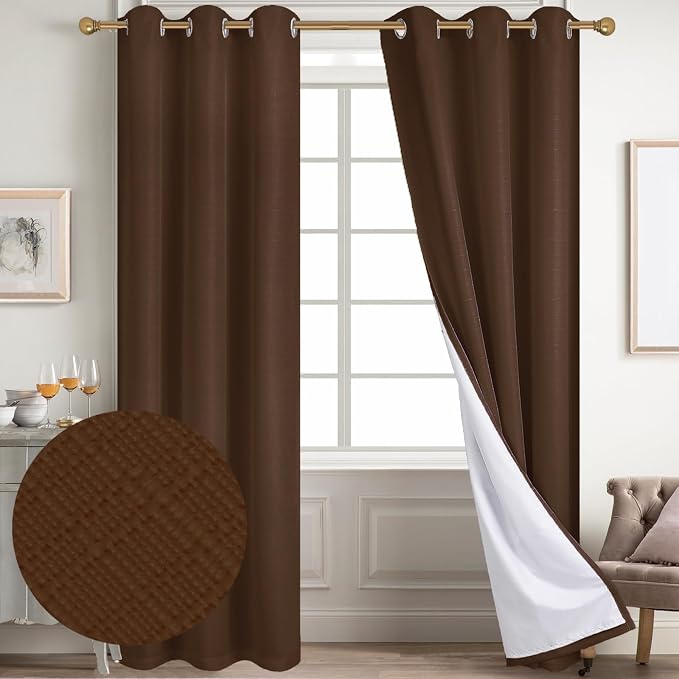 Diraysid 100% Blackout Curtains Chocolate Brown Linen Curtains - Image 2