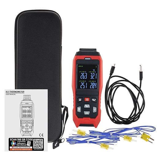 Thermocouple Thermometer Data Logger 4 Channels Digital K Type Thermometer with 5000 Groups Programmable Temperature Recording -328~2501℉ Measuring Range, Audible & Visible Alarm ADJ Compensation