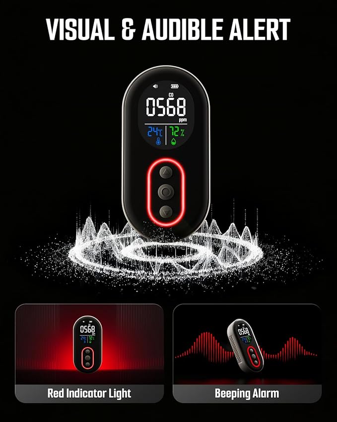 GasDoc DS-399PRO Carbon Monoxide and Carbon Dioxide Detectors, 4-in-1 Portable CO2 & CO Detector with Audible & Visual Alarm, Rechargeable CO & CO2 Meter for Home, Travel, Camping, Car, 72H Standby