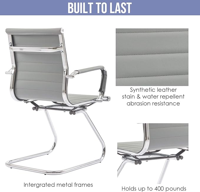 Wahson Office Guest Chairs Set of 10, Leather Reception Chairs, Mid Back Waiting Room Chair, Conference Chairs with Sled Base, Desk Chair No Wheels for Meeting/Lobby/Restroom, Grey
