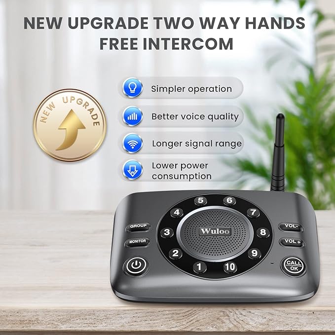 Hands-Free Intercoms Wireless for Home Business, Wuloo Upgrade Two Way Audio Intercom System for Elderly, Full Duplex Room to Room Intercom with 5280 ft Range Clear Sound Anti-Interference, 1-Pack