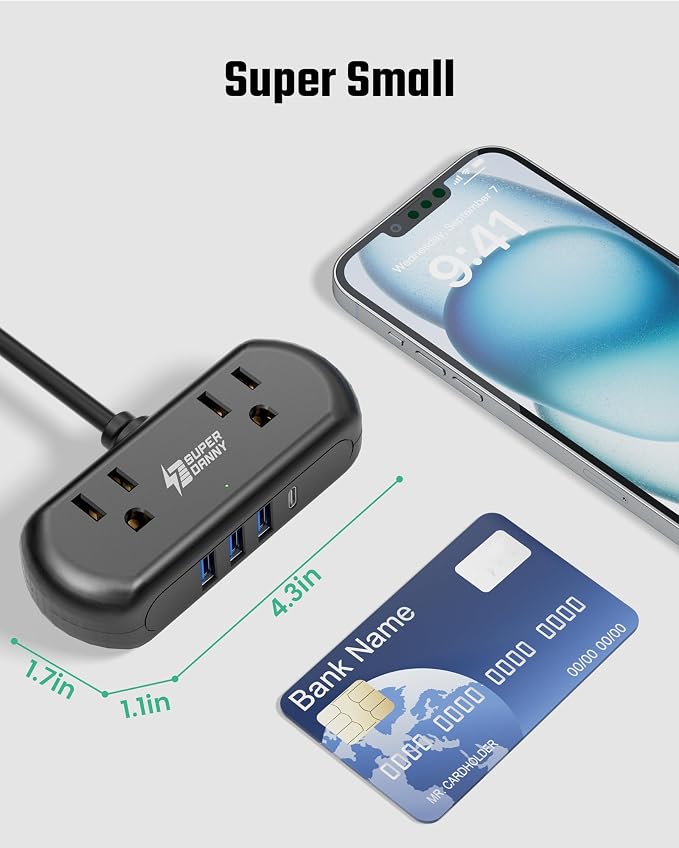 2Ft Extension Cord, SUPERDANNY Mini Surge Protector - Image 2