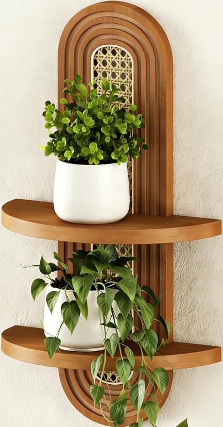 Floating Shelves for Wall, Boho Home Wall Decor, 2-Tier Rattan Plant Shelf by Hongsane