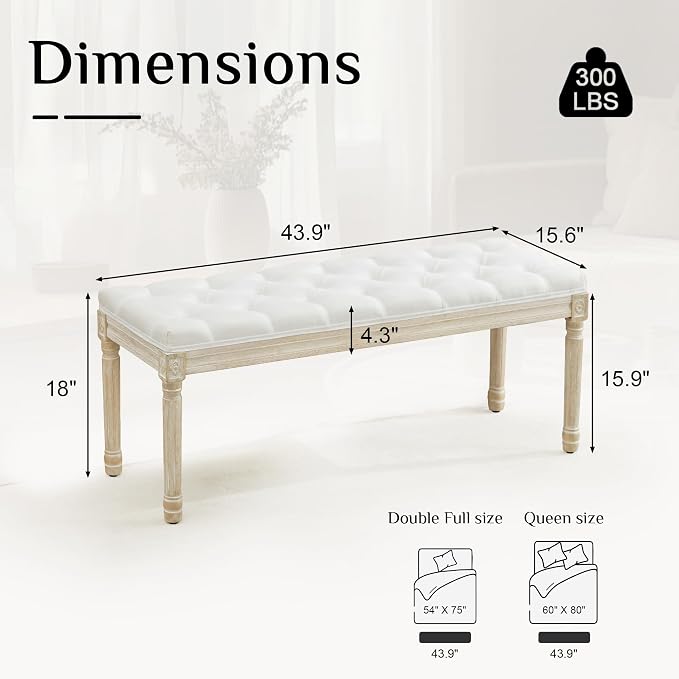 LOULENS 43.9" Linen End of Bed Bench, Vintage Bedroom Bench, Upholstered - Image 2