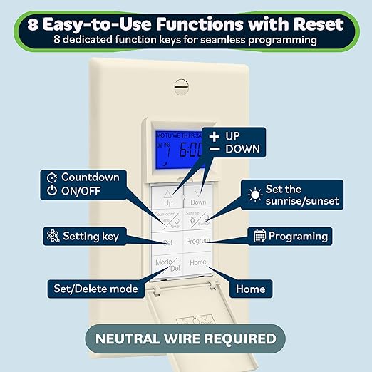 TOPGREENER Digital Astronomic Timer Switch, 7-Day Programmable Sunrise Sunset Timer for Lights, Fans, & Motors, Single-Pole or 3-Way, Neutral Wire Required, UL Listed, TGT01-HN-LA, Light Almond