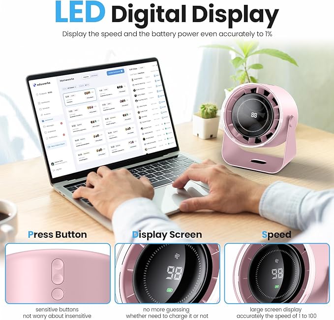 WSKEN Desk Fan with Battery Operated, Quiet Digital Display Portable Fan for Office, Bedroom, Kitchen, Home, Outdoor, 100 Speeds 115° Tilt Small Travel Camping Table Fan, Pink